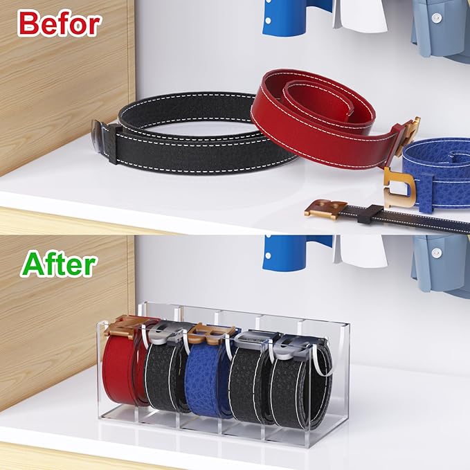 GTI Belt Organizer,Acrylic 5 Compartments belt organizer for closet and wall,Belt Storage Holder for Drawer,Clear Belt Display Case for Closet Tie and Bow Tie