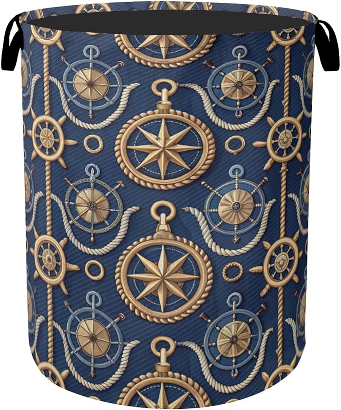 Navy Blue Sailor Anchor Laundry Basket with Handles - Extra Large Foldable Hamper for Bathroom/Laundry/Bedroom/Dorm, Washable Fabric Storage Bin