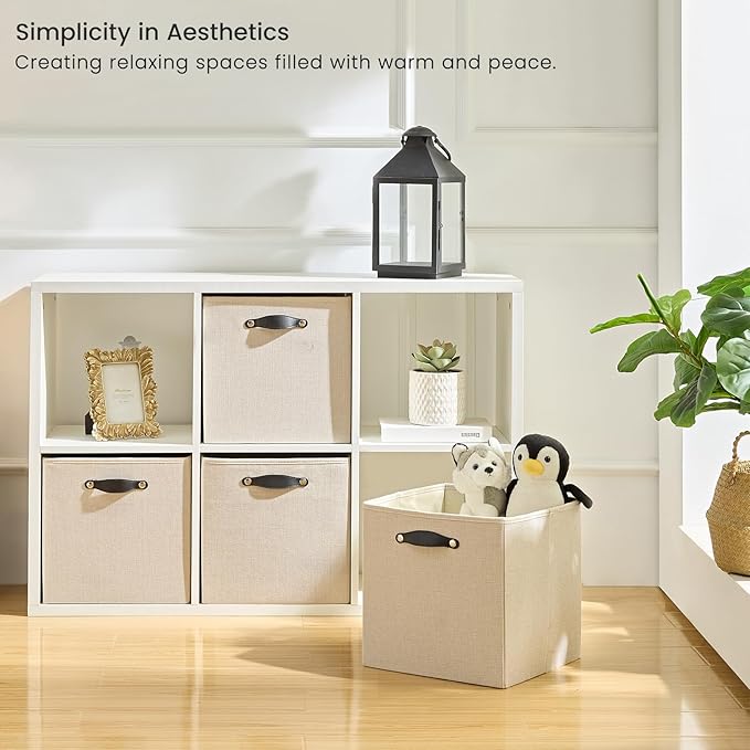 Storage Cube Bins | 7.7 oz/yd² Fabric Cubby Organizer Baskets for Shelf, Closet, Cabinet, Wardrobe | KALLAX Shelving Unit Insert Drawer | 4 Pack, Beige, 13x15x13 Inch