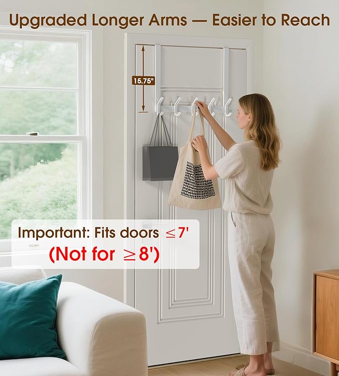 KitchLife Over The Door Hooks Hanger with 15.75 inches Extended Arms, Fit for 1-3/4" Doors, J40U, Thickened Bathroom Towel Rack Organization, 1 Pack Double-Hook, Glossy White