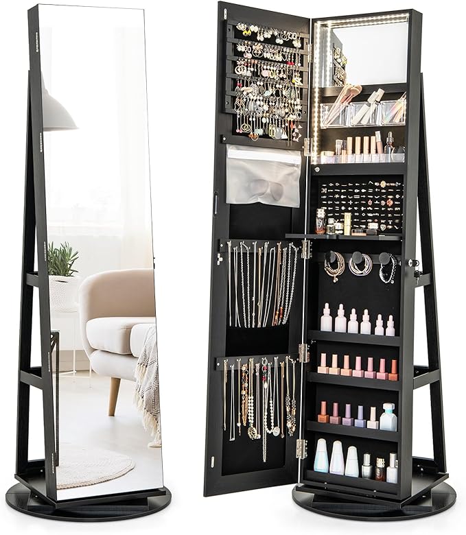 GOFLAME 360° Rotating Jewelry Cabinet with Full-Length Mirror, Standing Jewelry Armoire with 3-Color LED Light and Back Storage Shelf, Lockable Jewelry Organizer for Bedroom Cloakroom, Black