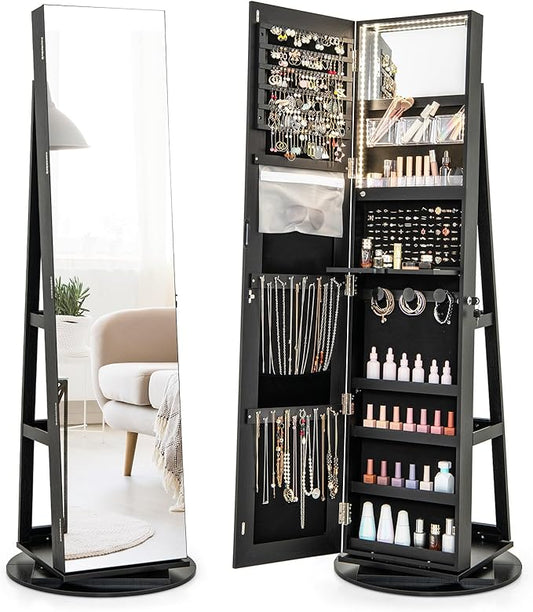 GOFLAME 360° Rotating Jewelry Cabinet with Full-Length Mirror, Standing Jewelry Armoire with 3-Color LED Light and Back Storage Shelf, Lockable Jewelry Organizer for Bedroom Cloakroom, Black