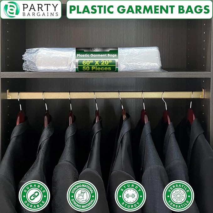 PARTY BARGAINS 60 x 20 Inch Disposable Clear Garment Bags, 100 Pack – Heavy-Duty Plastic Clothes Covers for Suits Dresses Coats, Closet & Travel