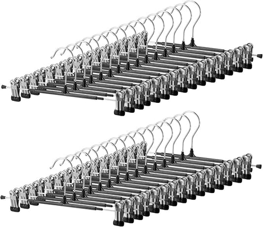 30 Pack Pants Hangers with Clips, 12 Inch Adjustable Skirt Hangers, Space Saving Non-Slip Clip Hangers with 360° Swivel Hook for Jeans, Shorts, Socks, Scarves
