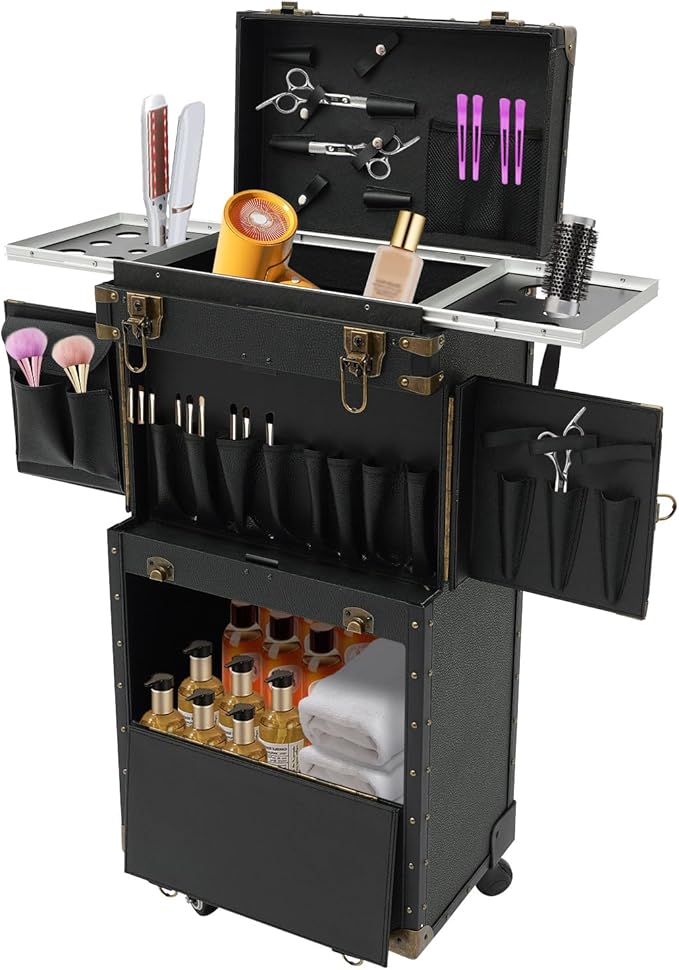 Professional Barber Case,Makeup Train Cart,Hair Cutting Tools Storage Organizer,Cosmetic Trolley Large Storage Organizer,Barber Supplies Case with Wheels and 2 Keys,Black (Black-Type3)
