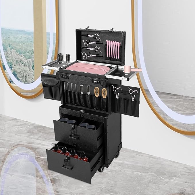 Rolling Makeup Case with Wheels and Locks, Cosmetology Case Makeup Train Case for Salon Barber Large Beauty Salon Luggage Rolling Lockable Makeup Train Extendable Tray Hairdressing (Style 1)