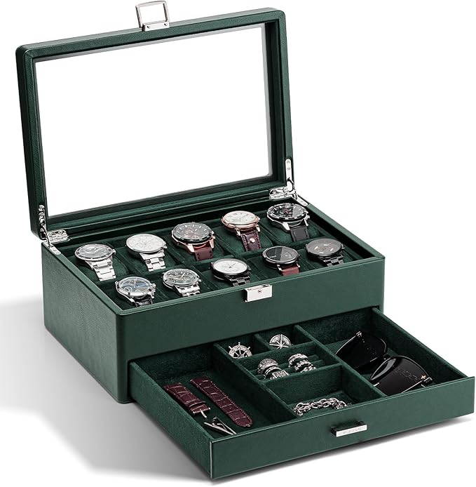 Vlando Watch Box for 10 slot, Lockable Watch Case with Textured Leather, 2 Layer Watch Holder for Rings, Bracelets, Glasses, Glass Lid, Removable Divider, Gift for Fathers, Husband, Friend, Dark Green