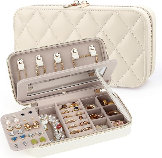 Travel Jewelry Case with Mirror, Quilted Small Jewelry Box Organizer for Women Girls, Portable Earring Necklace Bracelet Ring Holder Storage for Travel, Gifts for Her (Beige)