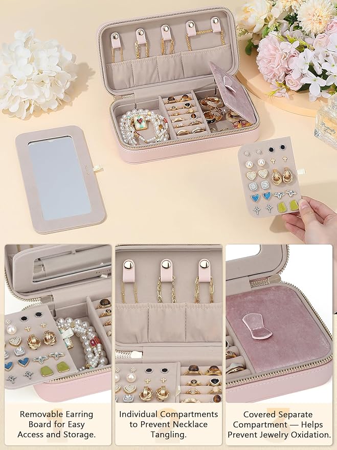 Travel Jewelry Case with Mirror, Quilted Small Jewelry Box Organizer for Women Girls, Portable Earring Necklace Bracelet Ring Holder Storage for Travel, Gifts for Her (Blush Pink)