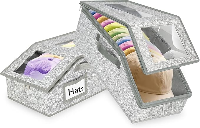 Hat Organizer for Baseball Caps,2PCS Stackable Hat Storage Box with Clear Window Lid, Space-Saving Box for Closet