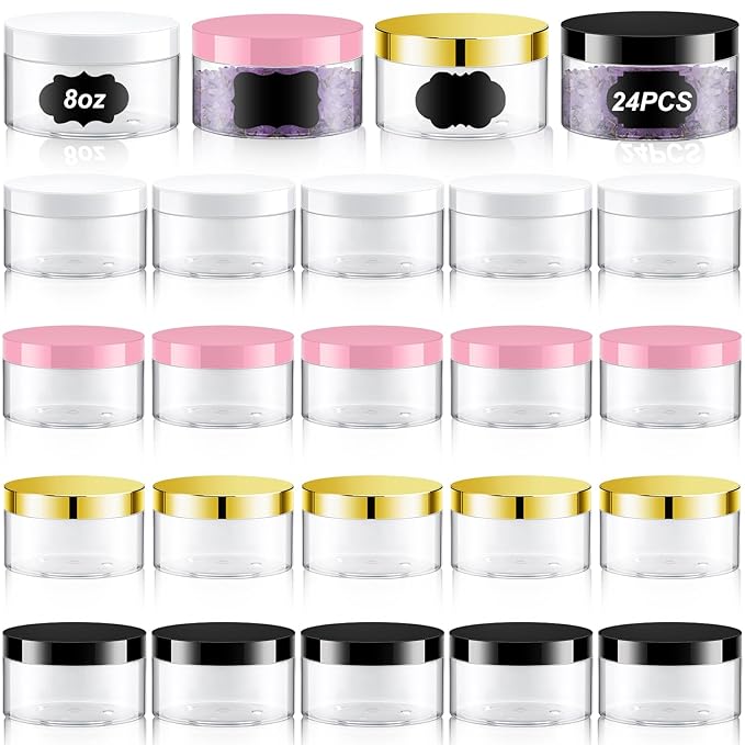 Dandat 24 Pcs 8 oz Plastic Jar Container with Lid and Label Refillable Empty Round Clear with Colourful Pet Cosmetic Sample Slime Containers for Lotion, Cream, Ointments, Body Butter, Travel Storage
