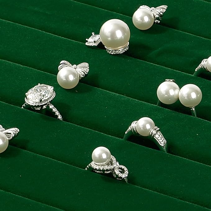 7 Slots Velvet Jewelry Tray Ring Earring Display Tray Jewelry Drawer Organizer Ring Earring Holder Storage (Green)