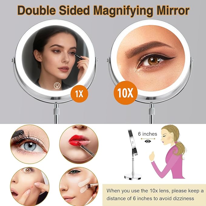 Rechargeable LED Makeup Mirror with Lights, 10X Magnifying Mirror, Touch Control 3 Color Modes, 360° Rotation & Height Adjustable Make Up Mirror with Lights