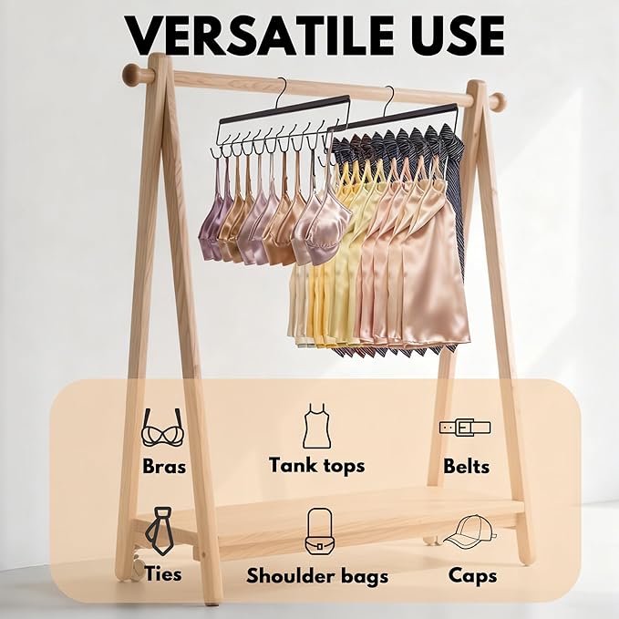 Bra Hanger 2 Pack with Premium Wood, 40 Hooks Large Capacity Closet Organizer for Belt Bra Tie Scarf and Tank Top, Space Saving Rack 360° Rotatable with Sturdy Metal Hooks
