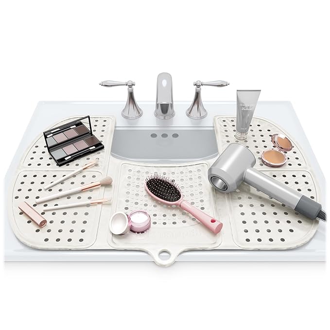 Sink Topper Bathroom Counter Cover & Storage Saver, Foldable Silicone Mat for Hot Tools, Hair Styling & Makeup, Beauty Brush Cleaning Mat, RV Camper Sink Cover & for Small Spaces (Large Pearl)