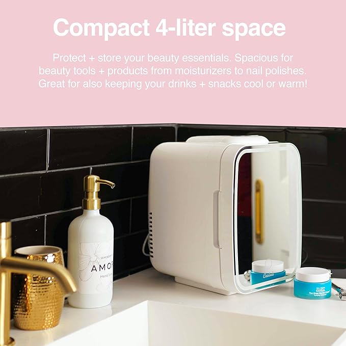 Cooluli Glow 4L Mini Skincare Fridge with Mirror & LED Light - Small Refrigerator for Skin Care, Beauty, Makeup, Cosmetics, Food & Drinks, White
