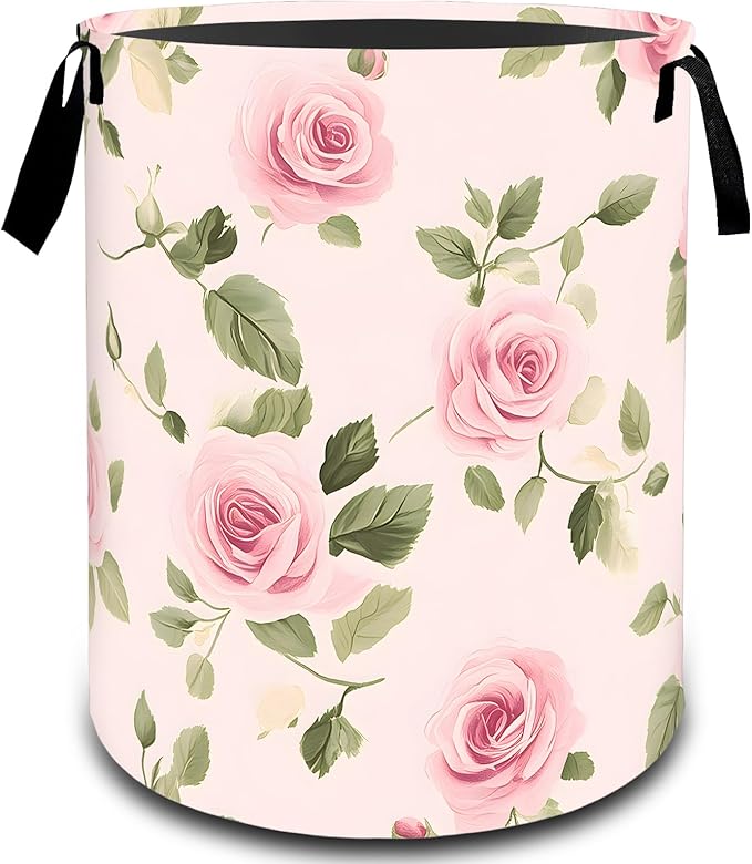 Rose Floral Pink Flower Laundry Basket, Dirty Collapsible Clothes Toy Organizer Hamper for Kids Adults, Oxford Cloth Waterproof Storage Bin for Bedroom Bathroom Home Decor Gifts, 19.7"X15.7"