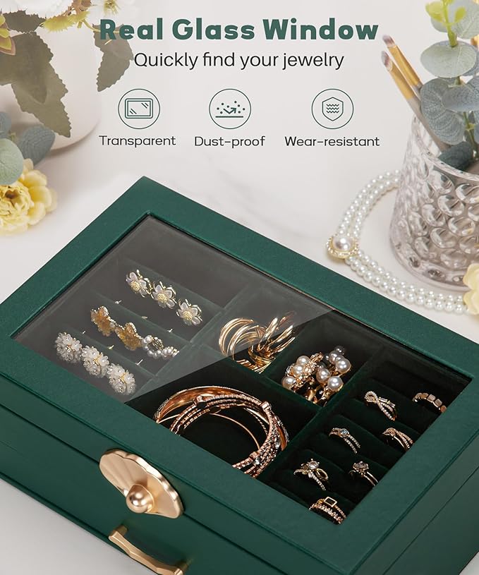 Jewelry Box with 1 Drawers: Display Organizer for Earrings Necklaces - Christmas Gifts for Girls Women (Forest Green)