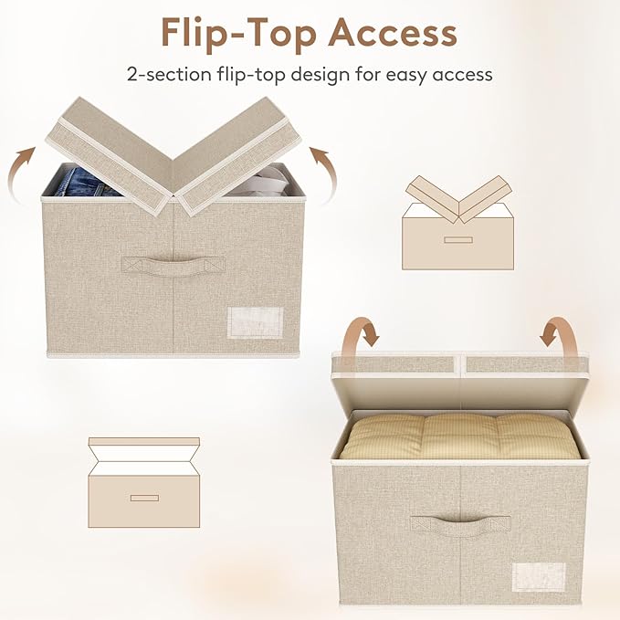 Lifewit Clothes Storage Bins with Lids, Fabric Foldable Storage Boxes with Handles, Decorative Closet Organizer, Stackable Cube Baskets Container for Bedroom, Office, 34.5L Large Beige, 5 Packs
