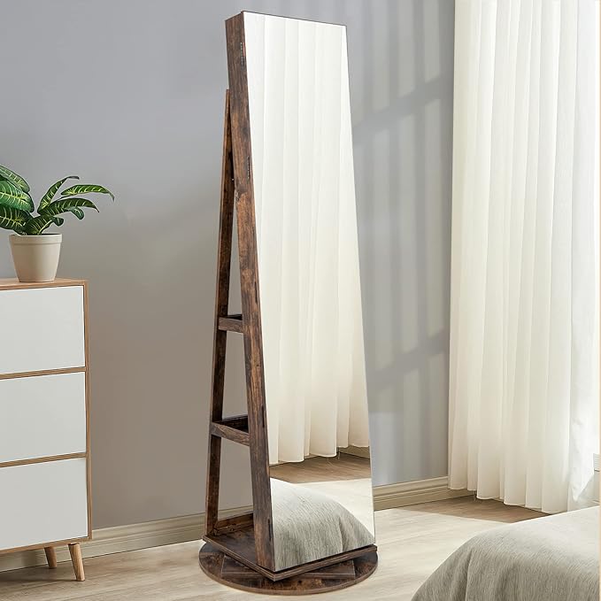 Mirror Jewelry Cabinet Standing with Full Length Mirror, 360° Swivel Jewelry Armoire with 3-Color LED Lights & Foldable Makeup Shelf, Lockable Organizer for Women, Space-Saving (Rustic Brown)