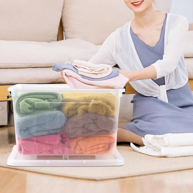 30 L Clear Plastic Storage Bin with Wheels, Lidded Latching Box, 4 Pack