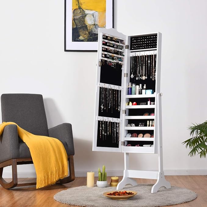 Giantex Jewelry Cabinet Armoire Lockable with Mirror, Standing Full Length Mirror with Jewelry Cabinet, 3 Adjustable Angles, Jewelry Organizer Storage Box Birthday Christmas Gifts (White)
