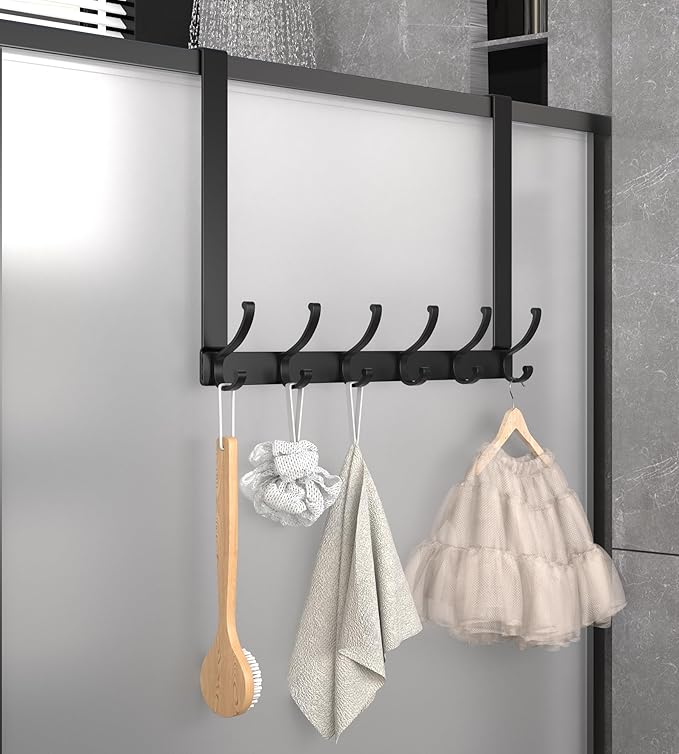 KitchLife Long Over The Door Hooks Hanger with 15.75 inches Extended Arms, Fits 1 3/8" Doors, F40U, 6 Double-Hanger Design Thickened Heavy Duty Bathroom Towel Rack Organization, Matte Black, 1 Pack
