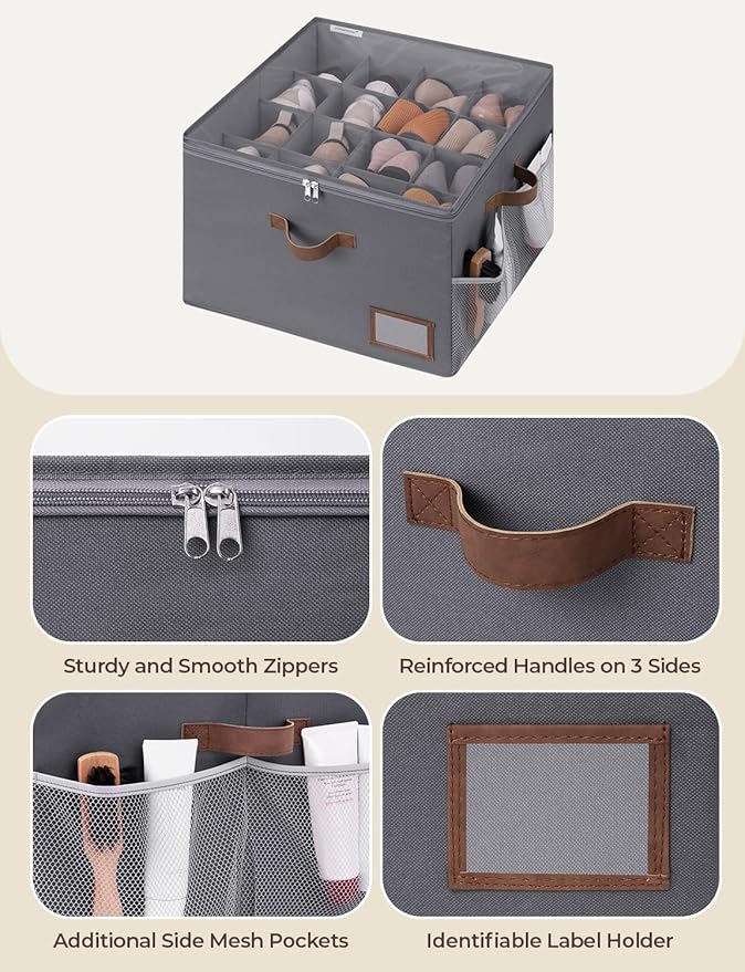 StorageWorks Shoe Organizer for Closet, Fits up to 16 Pairs, Shoe Cubby Storage Containers with Side Mesh Pocket and Clear Cover, Grey
