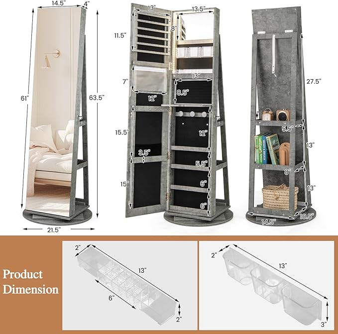 Mirror Jewelry Cabinet Standing with Full Length Mirror, 360° Swivel Jewelry Armoire with 3-Color LED Lights & Foldable Makeup Shelf, Lockable Organizer for Women, Space-Saving (Stone Gray)