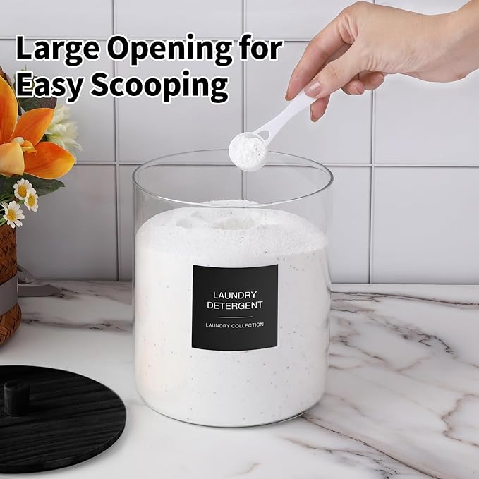 TIPGO Laundry Pods Container with 27 Labels, Glass Jars for Laundry Room Organization, Detergent Holder with Bamboo Lid, Cute Storage Jars, Black (Set of 1)