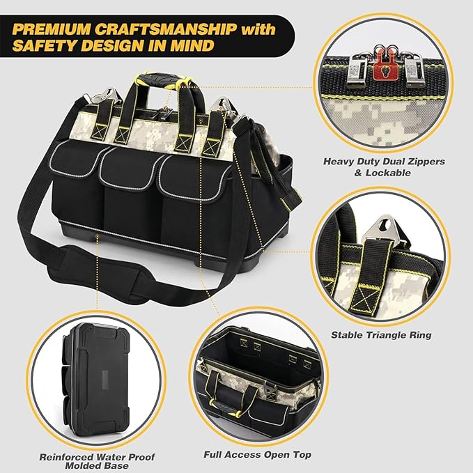 15 Inch Open Top Tool Tote Bag with Hard Bottom, Waterproof Electrician Tool Tote, Wide Mouth Tool Organizer with 15 Pockets, Heavy Duty Molded Base, Reflective Tool Bag for Men