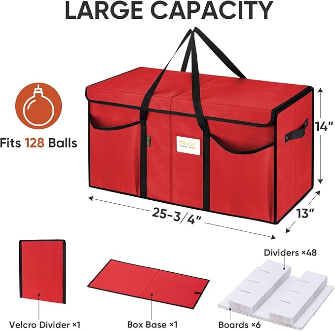 BALEINE Christmas Ornament Storage Box with Dividers, Premium Holiday Ornaments Storage Container Bin for Xmas Decorations (128 Ball, Black, Without Tray)