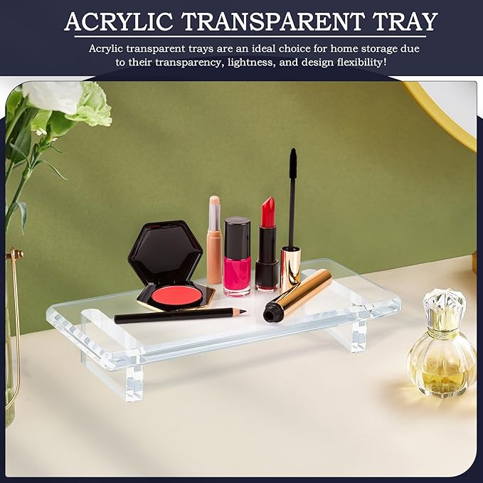2-Pack Clear Acrylic Bathroom Vanity Tray – Multi-Purpose Waterproof Sink & Countertop Organizer, Soap/Sponge/Brush Holder, Plant & Candle Display Riser, Stain-Proof Compact Tray 8.6"×3.6"×1.5"