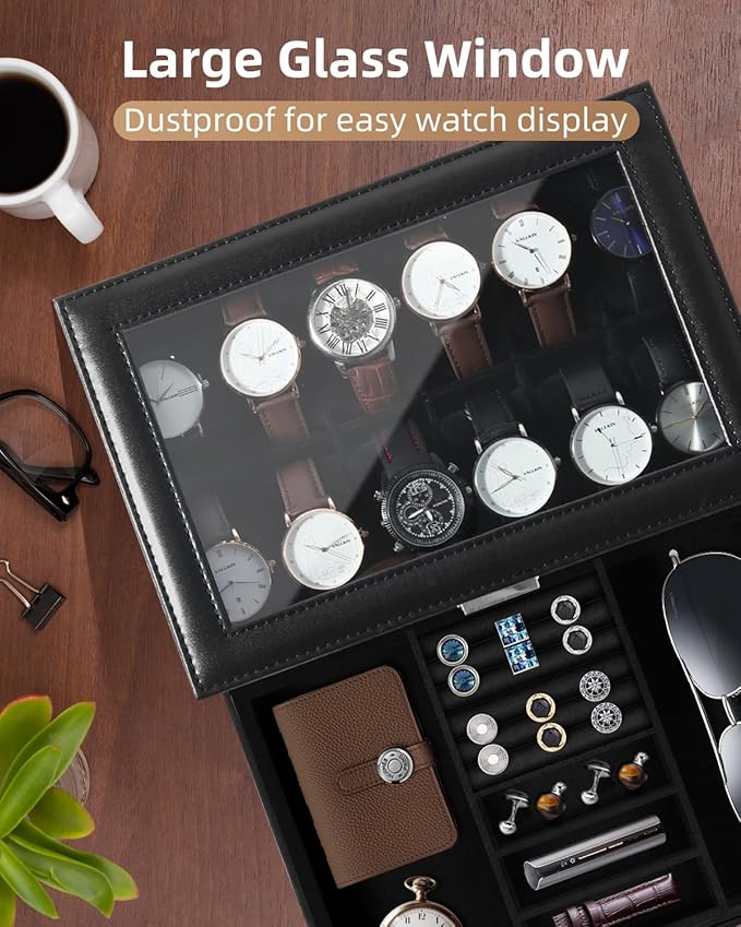 Uten 12-Slot Watch Box, 2-Layers PU Leather Watch Case with Glass Lid, Watch Holder Organizer with Soft Pillow and Velvet Lining, Watch and Jewelry Storage Box, Black