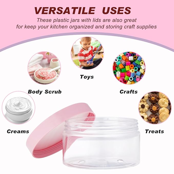 Dandat 24 Pcs 8 oz Plastic Jar Container with Lid and Label Refillable Empty Round Clear with Pink Pet Cosmetic Sample Slime Containers for Lotion, Cream, Ointments, Body Butter, Makeup Travel Storage