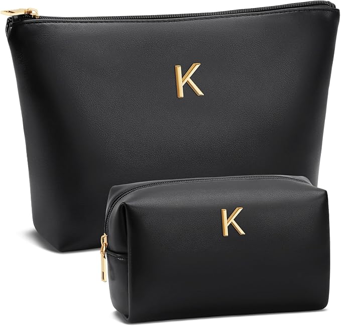 Valentine's Day Gifts for Women Girlfriend Initial Makeup Bag for Teen Girls Personalized Gifts for Friend Teacher Mom Wife Cosmetic Travel Toiletry Bag(Black,K)