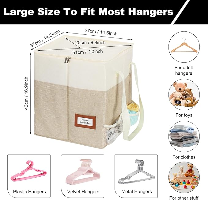 Clothes Hanger Organizer Bag with Lid,Rigid Hanger Storage Containers,Hanger Caddy Organizer Box with Handle and Label Window Keep Closet Laundry Rooms Tidy (Beige)