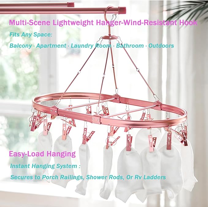 Underwear Hanger for Drying with 26 Non-Slip Clips - Aluminum Hanging Drying Rack for Socks, Lingerie & Baby Clothes | Oval Design & Wind-Resistant Hooks (Rose Gold) - 2 Pack