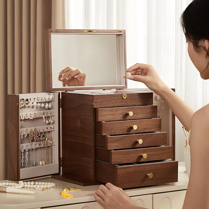 CHOSIN Black Walnut Wooden Jewelry Box, 6-Layer Lockable Wood Jewelry Organizer with Mirror, Side Doors & Brass Handle, Classical Design for Rings, Necklaces, Earrings, Watches, Valentine's Day Gift