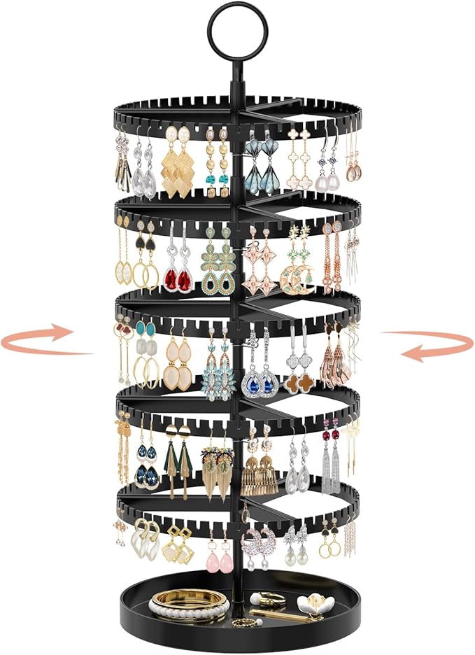 iDavosic.ly 5 Tier Rotating Earring Holder Organizer with Metal Tray, Adjustable Plastic Dangle Display Stands Tree with 285 Grooves, Large Hoop Storage Rack Tower, Black