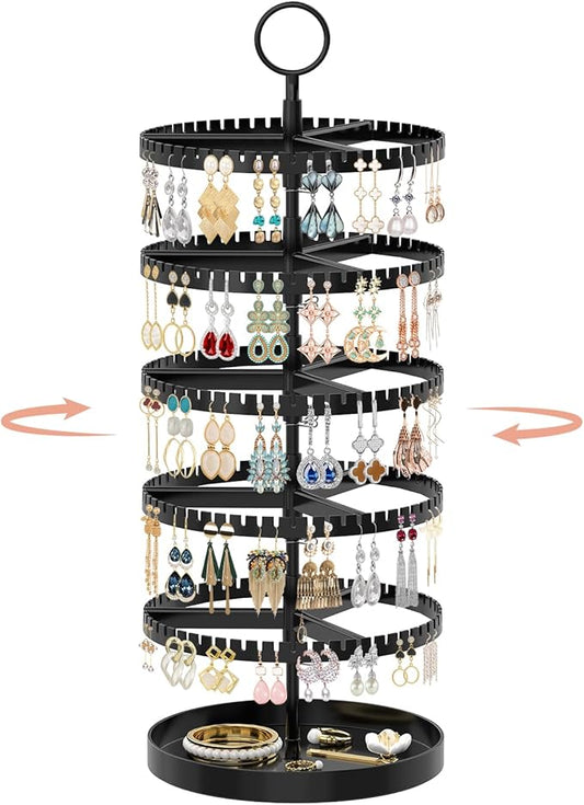 iDavosic.ly 5 Tier Rotating Earring Holder Organizer with Metal Tray, Adjustable Plastic Dangle Display Stands Tree with 285 Grooves, Large Hoop Storage Rack Tower, Black