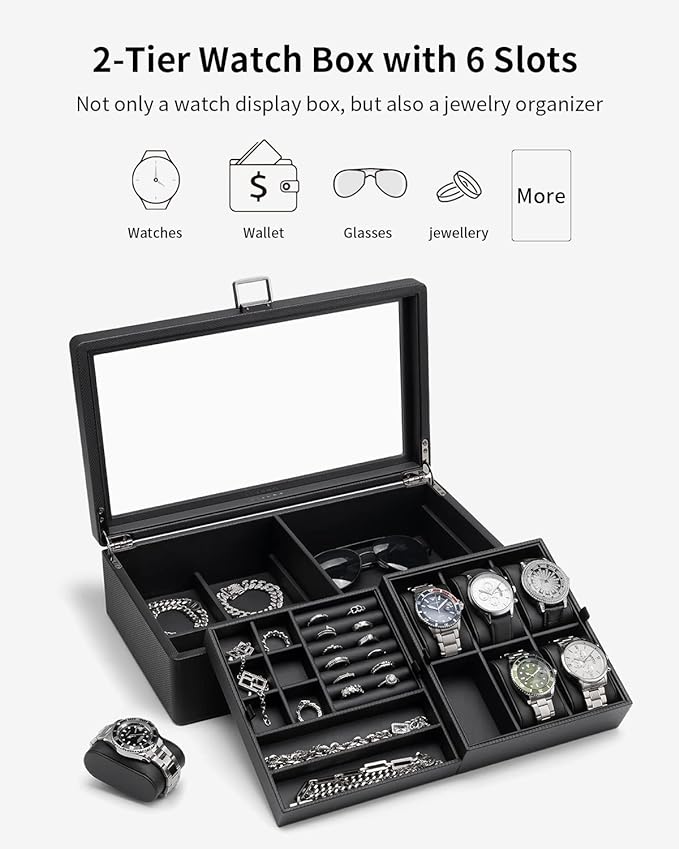Vlando 6-Slot Watch Box Organize, Lockable Watch Case with Textured Leather, 2 Layer Watch Holder for Rings, Bracelets, Glasses, Glass Lid, Removable Divider, Gift for Fathers, Husband, Friend, Black