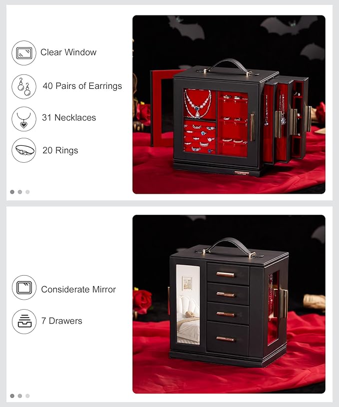 Homde Valentine's Day Gifts Jewelry Box 360° Rotating, Necklace Earring Organizer with Transparent Window, Mirror, 7 Drawers, Large Ring Display Storage Case for Girls Women (Black + Red)