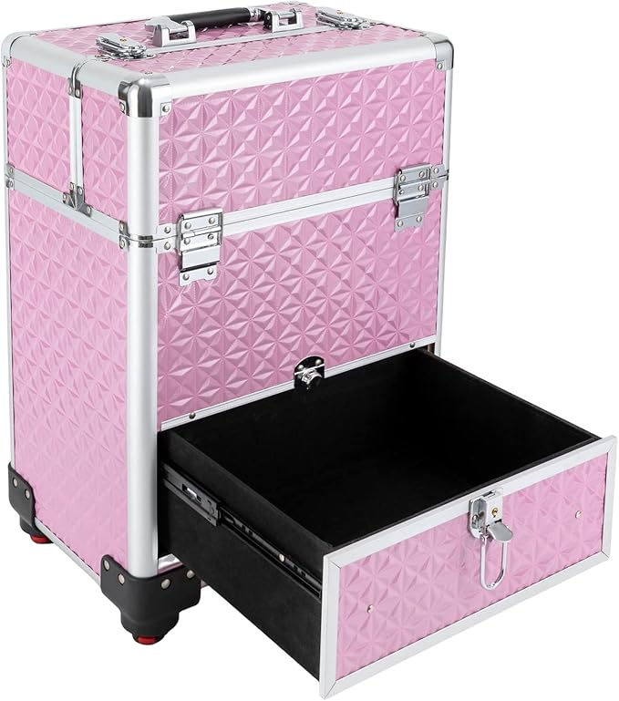 Makeup Rolling Case, Professional Rolling Nail Case Wheeled Manicure Storage Case Polish Organizer w/ Universal Wheels, Portable Adjustable Studio Travel Cart for Nail Technicians Hairstylist (Pink)