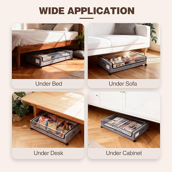 Under Bed Storage with Wheels, 2 Pack Under bed Storage Containers,XXL 60L Rolling Under bed Storage Bins for Clothes, Shoes, Blankets in Bedroom, Dorm,Grey