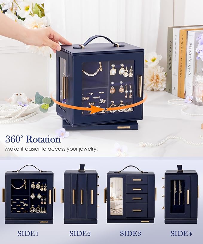 Homde Valentine's Day gifts Jewelry Box 360° Rotating, Necklace Earring Organizer with Transparent Window, Mirror, 7 Drawers, Large Ring Display Storage Case for Girls Women (Dark Blue)