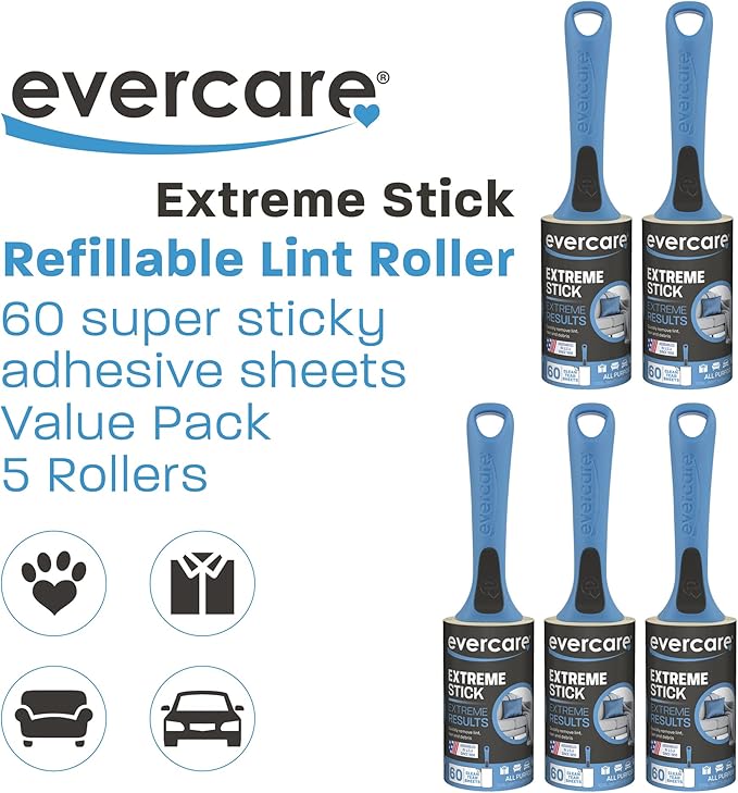 Evercare All Purpose Lint Brush, Value Pack - 5 Rollers (300 Sheets Total), Blue