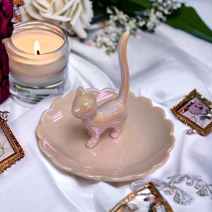 ROSA&ROSE Cat Ring Holder Trinket Tray Ceramic Jewelry Dish Porcelain Ring Organizer Gift for Women, Girlfriend or Valentine's Day (Pink)