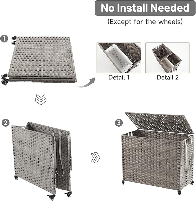 Laundry Hamper with Wheels, 52.8 Gallon(200L) Rolling Laundry Basket with Lid, Removable Large 3 Color Liners & 3 Mesh Laundry Bags, Clothes Hamper with Side Pocket, Grey