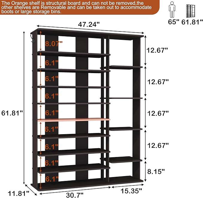 HOMEFORT 10 Tiers Shoe Rack, 50 Pairs Large Shoe Shelf, 61.8" Tall Shoe Tower, Freestanding Shoe Rack Organizer with Open Shelves, Wood Shoe Stand for Boot Storage, for Closet, Entryway, Espresso